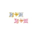 Set of 2 Multi Color Square CZ Stud Earrings Silver Black Plated Screw Back