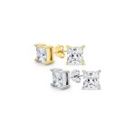Set of 2 Square Princess CZ Stud Earrings Silver Gold Sterling Silver 5MM