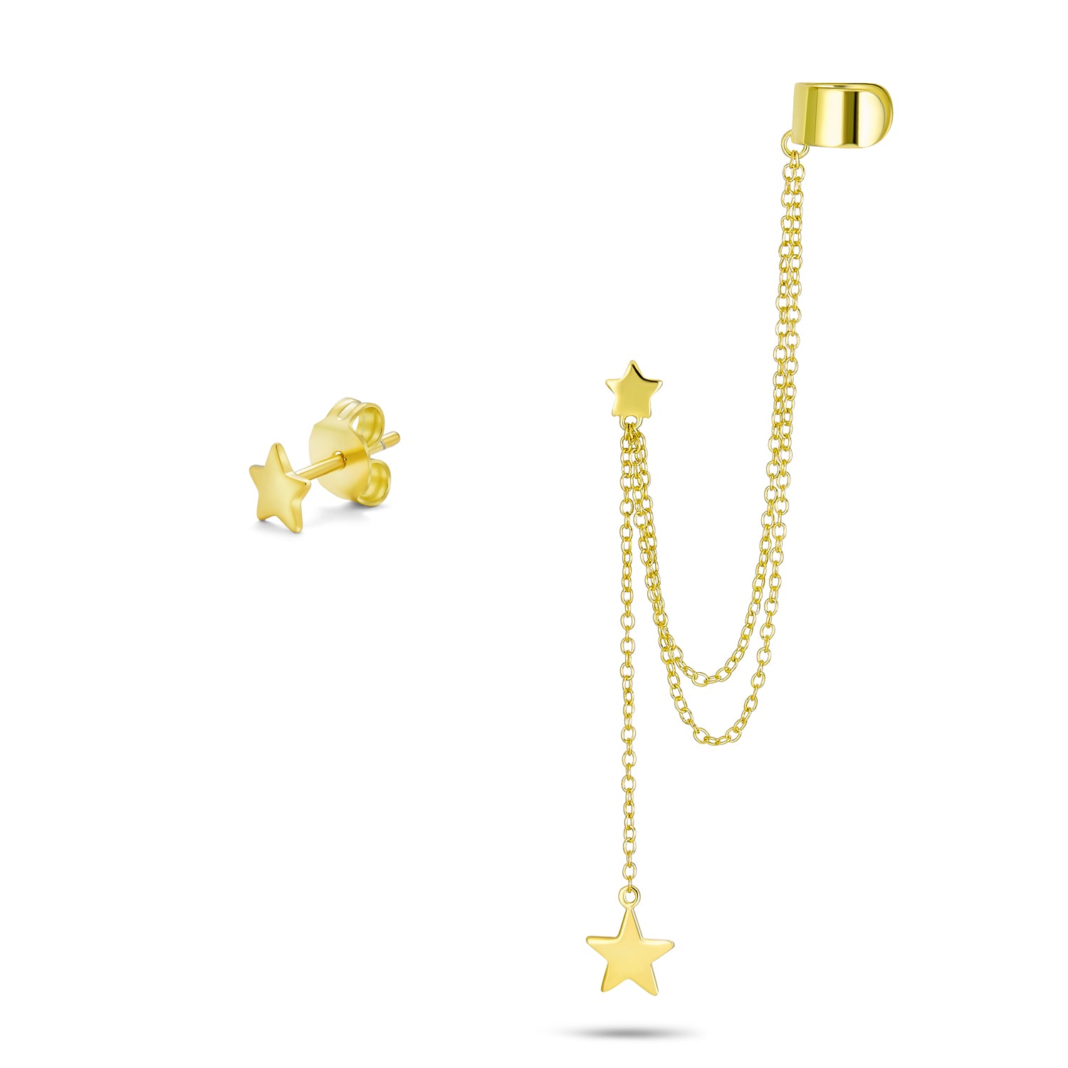 gold-star-dangling-earring-cuff_pfs-102-4236 USA Patriotic Star Double Chain Ear Lobe Cartilage Clip On Ear Cuff Wrap Stud Earring Set Gold Plated Sterling Silver - Image 1