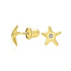 Petite Nautical Dolphin Turtle 14K Gold Stud Earrings with Secure Screw Back