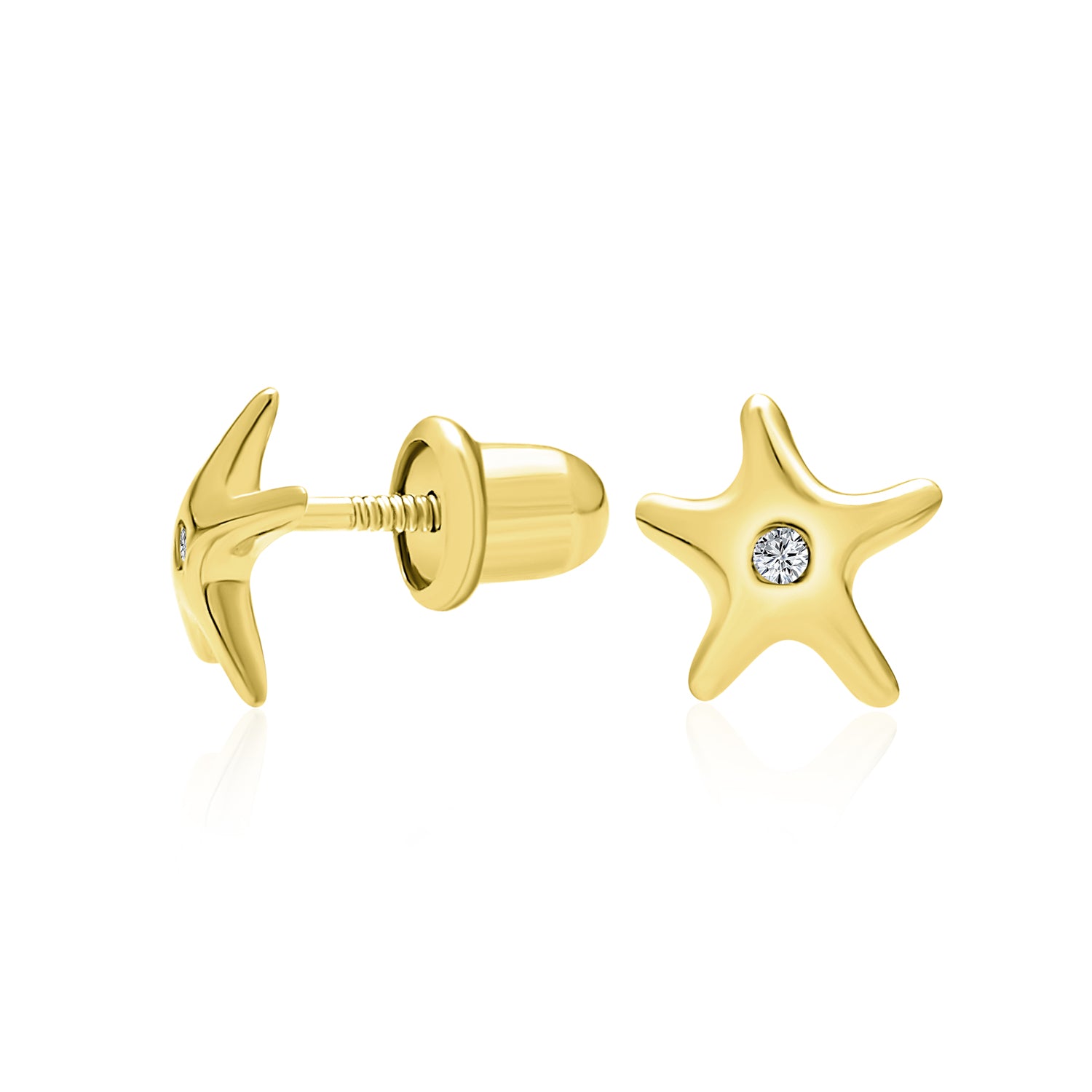 gold-starfish-cz-stud-earrings-tiny-gio-fe3096_1 Petite Nautical Dolphin Turtle 14K Gold Stud Earrings with Secure Screw Back - Image 1
