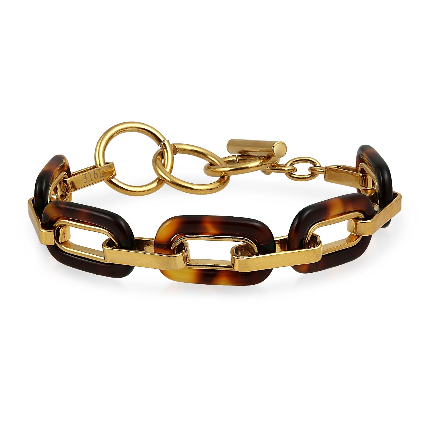 gold-steel-tortoise-link-bracelet_cdl-dmb0324g-az_1 Brown Acrylic Tortoise Shell Oval Chain Link Bracelet Gold Plated Stainless Steel - Image 1