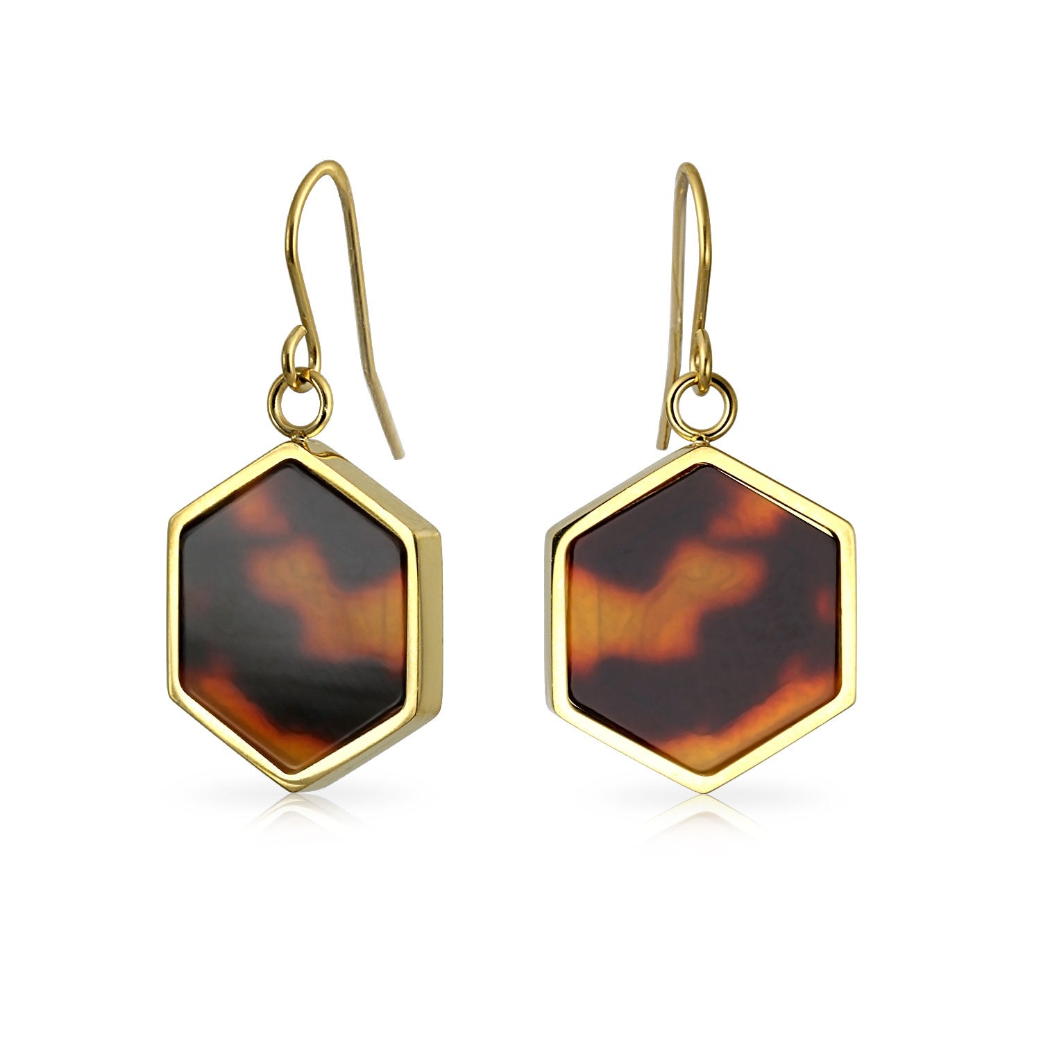 gold-steel-tortoise-shell-earrings_cdl-dme0324-az Hexagon Brown Tortoise Shell Dangle Earrings 14K Gold Plated Stainless Steel - Image 1