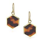 Hexagon Brown Tortoise Shell Dangle Earrings 14K Gold Plated Stainless Steel - Image 2