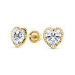 14K Gold Heart Stud Earrings CZ Bezel Perfect for Girlfriend