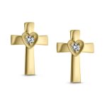 Tiny Religious Christian CZ Stud Earrings 14K Gold Heart Cross Screw Back - Image 2