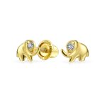 Tiny CZ Stud Earrings: Lucky Elephant in 14K Yellow Gold with Screw-back