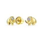 Tiny CZ Stud Earrings: Lucky Elephant in 14K Yellow Gold with Screw-back