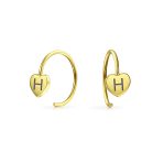 Initial Tiny Real 14K Gold Mini Heart Hoop Threader Earrings