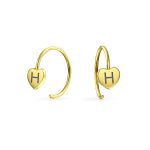 Initial Tiny Real 14K Gold Mini Heart Hoop Threader Earrings