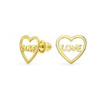 Romantic Tiny Minimalist 14K Yellow Gold Word LOVE Heart Shape Stud Earring Secure Screwback