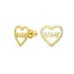Romantic Tiny Minimalist 14K Yellow Gold Word LOVE Heart Shape Stud Earring Secure Screwback