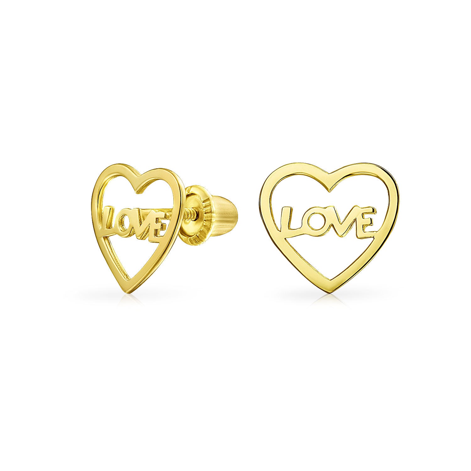 gold-stud-earring-heart-love_gio-fe2218-az Romantic Tiny Minimalist 14K Yellow Gold Word LOVE Heart Shape Stud Earring Secure Screwback - Image 1