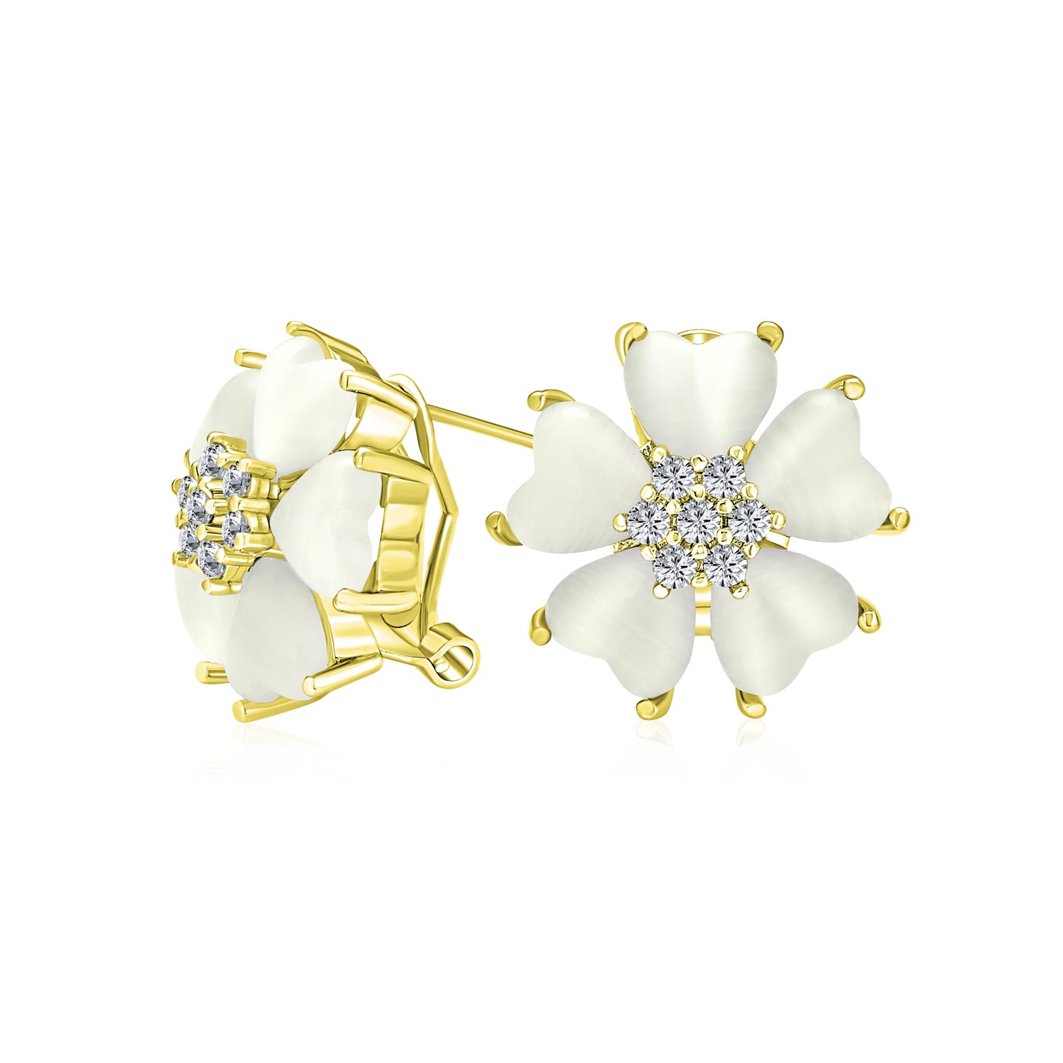 gold-stud-flower-cz-earrings-white-bme800910mega-g_1 Romantic Cat Eye Heart-Shaped Petals Flower Stud Earrings with Omega Clip Earrings Gold For Pierced Ear - Image 1