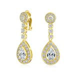 Art Deco Style Cubic Zirconia CZ Statement Teardrop Chandelier Clip On Dangle Earrings - Image 2
