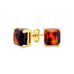 Brown Cushion Square Acrylic Tortoise Shell Stud Earrings 8MM Gold Plated Steel