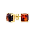 Brown Cushion Square Acrylic Tortoise Shell Stud Earrings 8MM Gold Plated Steel