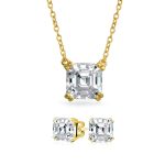 Bridal 4CT Solitaire CZ Asscher Cut Stud Earrings Pendant Gold Plated Silver Set