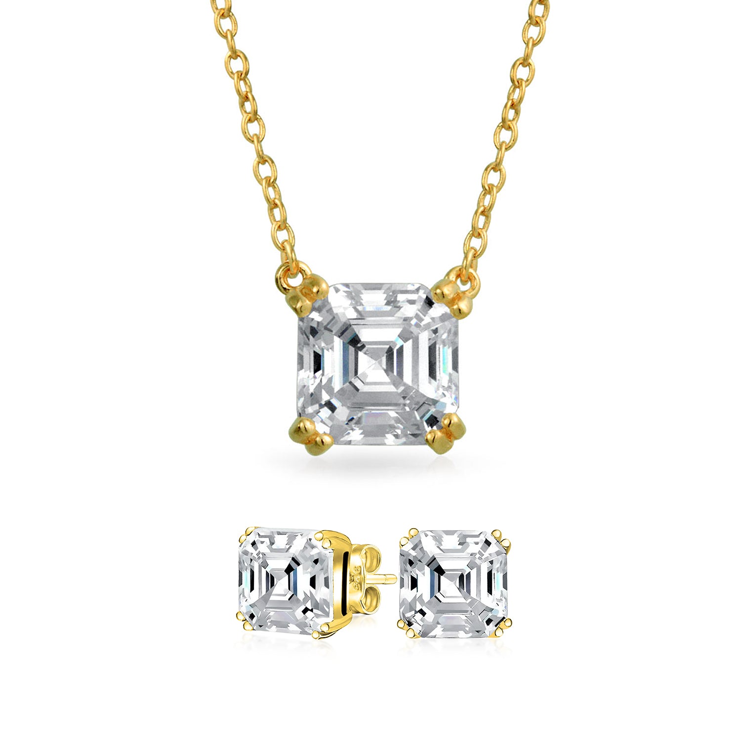 gold-vermeil-asscher-cut-cz-solitaire-necklace-earrings-set_pk-lll-75-g-set_1 Bridal 4CT Solitaire CZ Asscher Cut Stud Earrings Pendant Gold Plated Silver Set - Image 1