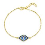 Delicate Tiny Evil Eye Charm Bracelet Pave CZ Accent Gold Plated .925 Sterling Silver