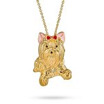 Dog Pendant Necklace Pink Bow Yorkshire Terrier Shih Tzu 14K Gold Plated
