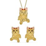 Yorkshire Shih Tzu Dog Stud Earrings Pendant or Brooch Jewelry Set Gold Plated