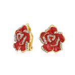 Pink Red Enamel Flower Crystal Edge Clip-On Earrings Gold Plated For Non-Pierced - Image 12