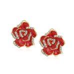 Pink Red Enamel Flower Crystal Edge Clip-On Earrings Gold Plated For Non-Pierced - Image 4