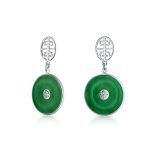 Asian Green Jade Dangle Gemstone Earrings 14K Gold Plated