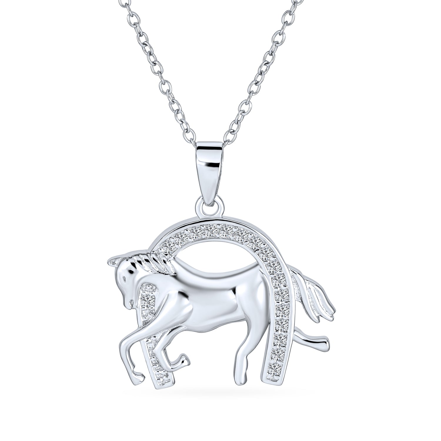 good-luck-sterling-silver-running-horse-equestrian_cl-k-4017_1 Pave CZ Horse Pendant Necklace with Horseshoe Western Jewelry in Sterling Silver - Image 1