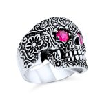 Mens Stainless Steel Punk Rocker Biker Skull Ring Simulated Red Ruby CZ Eyes