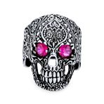 Mens Stainless Steel Punk Rocker Biker Skull Ring Simulated Red Ruby CZ Eyes - Image 2