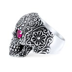 Mens Stainless Steel Punk Rocker Biker Skull Ring Simulated Red Ruby CZ Eyes - Image 3