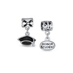 Set of 2 Graduation Cap & Words Honor Student Dangle Charm Bead Sterling Silver