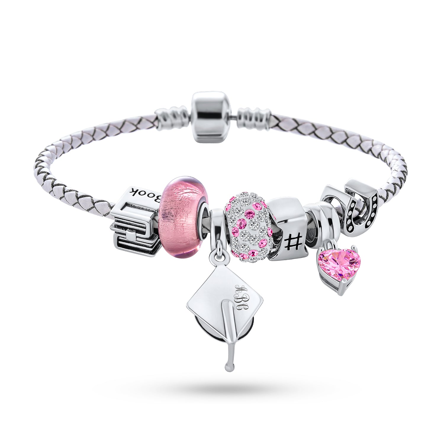 graduation-cap-multi-charm-bracelet-luck_pbx-br-gradpk_000 Graduation Cap Charm Bracelet with Crystal Beads and Sterling Silver Clasp - Image 1