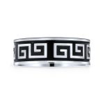 Mens Stainless Steel Greek Key Pattern Wedding Band Ring Black Silver Two Tone - Image 2