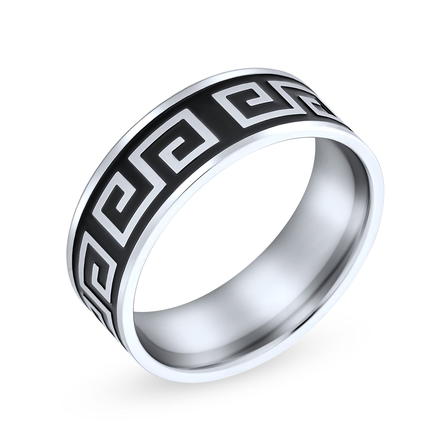 greek-black-silver-ring-men-wide-band-swk-hyp-0192_2 Mens Stainless Steel Greek Key Pattern Wedding Band Ring Black Silver Two Tone - Image 1