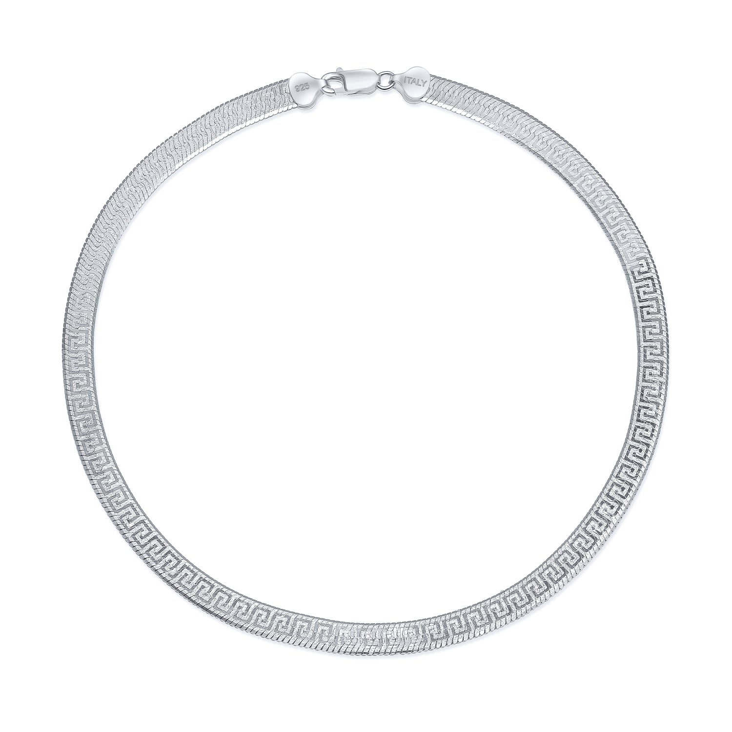 greek-key-flat-flexible-silver-herringbone-necklace_sstr-n3967-xaz_1 Reversible Flat Greek Key Design .925 Sterling Silver Herringbone Necklace Collar 16 Inch - Image 1