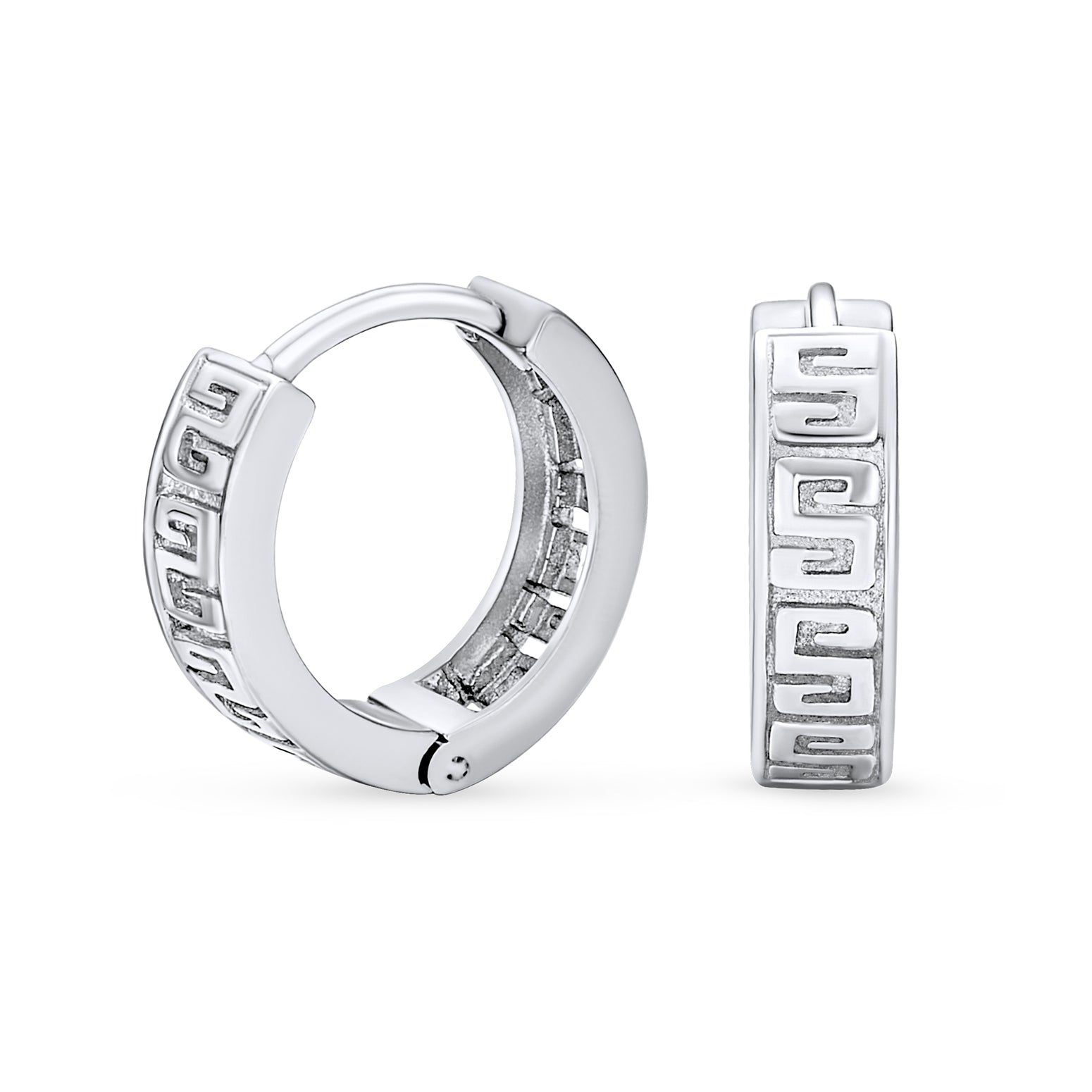 greek-silver-key-huggie-hoop_pfs-122-0049-az_1 Cutout Greek Key Design Huggies Mioni Hoop Earrings Sterling Silver Hinged - Image 1