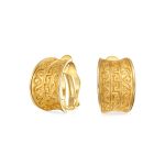 Egyptian Greek Motif Wide Half Hoop Clip On Earrings Non Pierced Ears Matte Gold