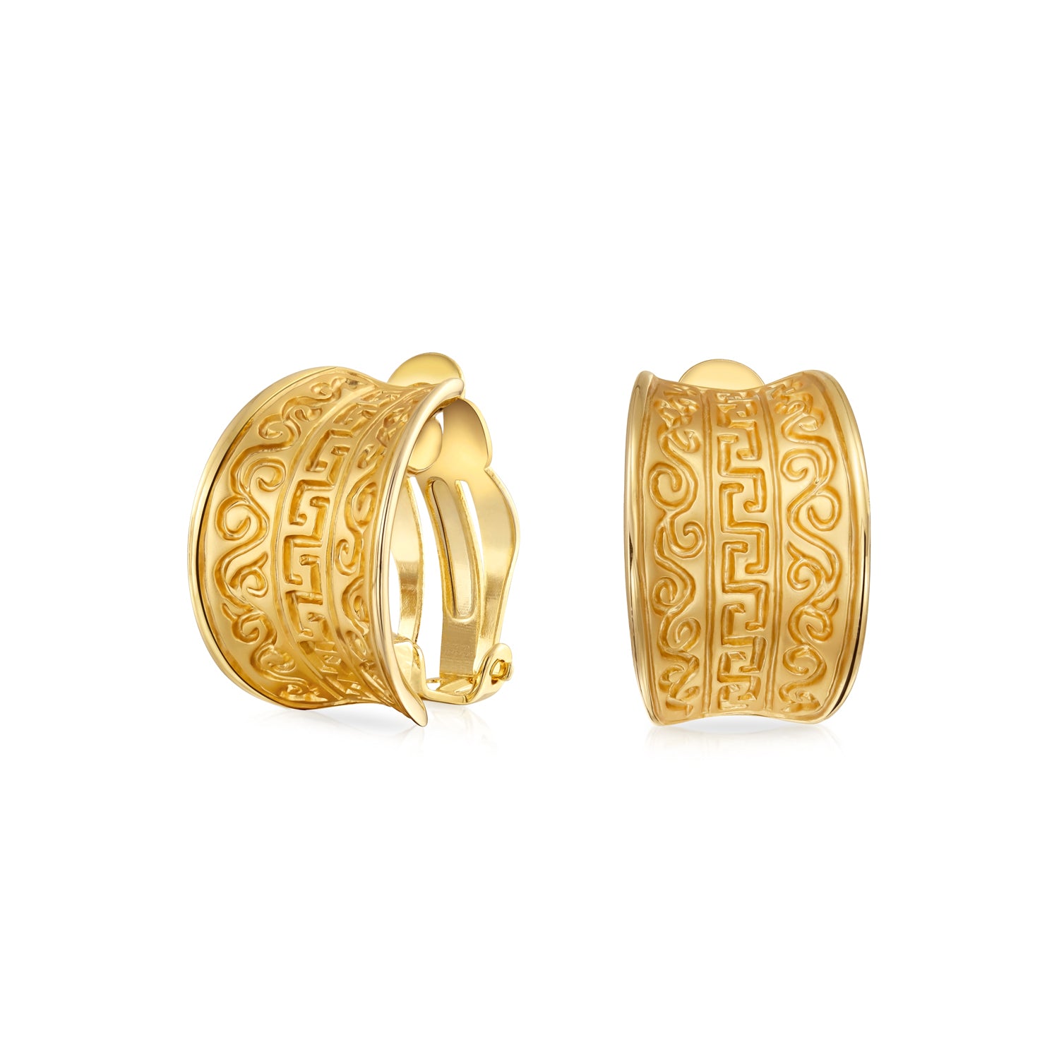 greek_motif_clip_ons_ag-se-3097-az_1 Egyptian Greek Motif Wide Half Hoop Clip On Earrings Non Pierced Ears Matte Gold - Image 1