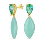 Gemstone Pink Quartz Rhombus Teardrop Purple CZ & Dangling Earrings Gold Plated
