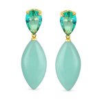 Gemstone Pink Quartz Rhombus Teardrop Purple CZ & Dangling Earrings Gold Plated - Image 3