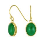 Green Jade Bezel Set Oval Cabochon Gemstone Drop Earrings Gold Plated 925 Silver
