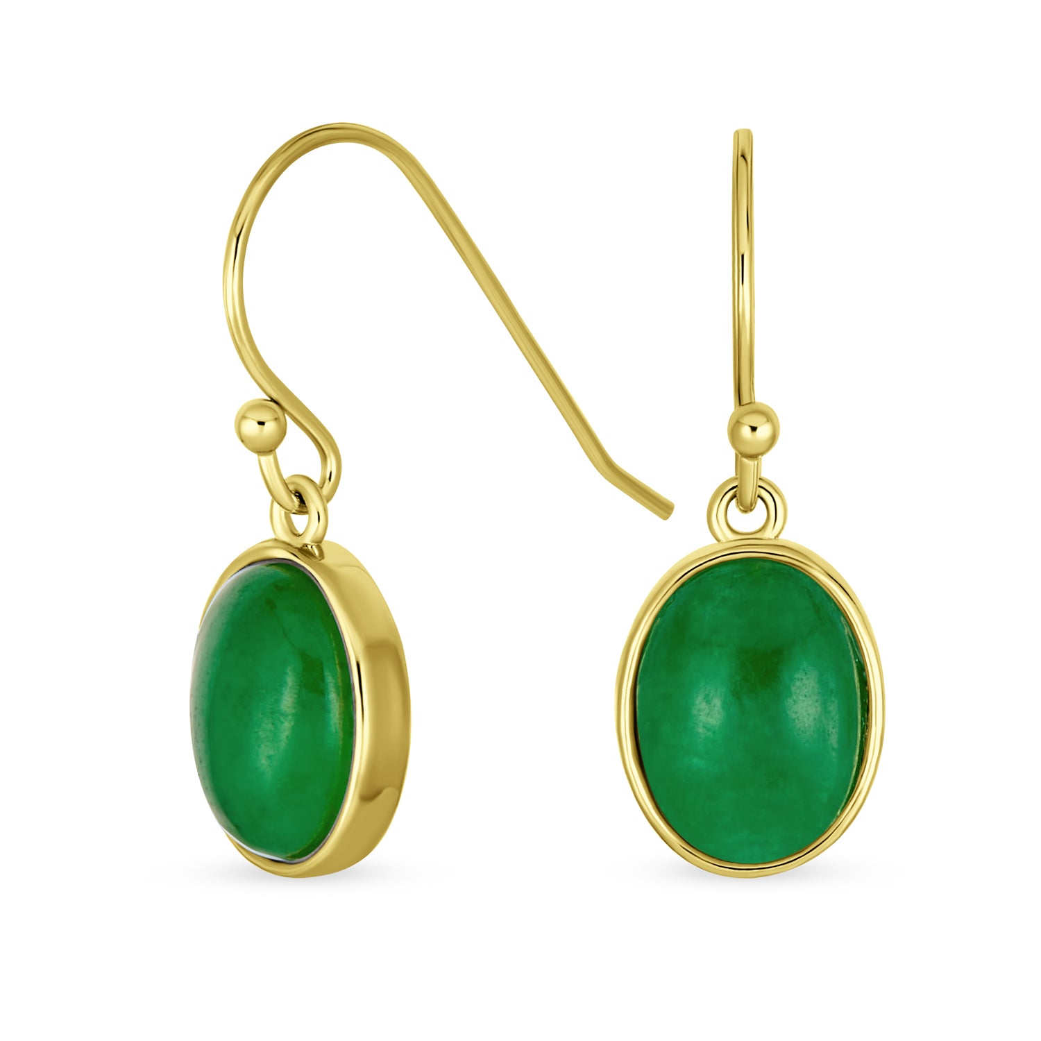 green-bezel-drop-fish-hook-wj-swe12959-08a-v-01 Green Jade Bezel Set Oval Cabochon Gemstone Drop Earrings Gold Plated 925 Silver - Image 1