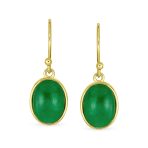 Green Jade Bezel Set Oval Cabochon Gemstone Drop Earrings Gold Plated 925 Silver - Image 4