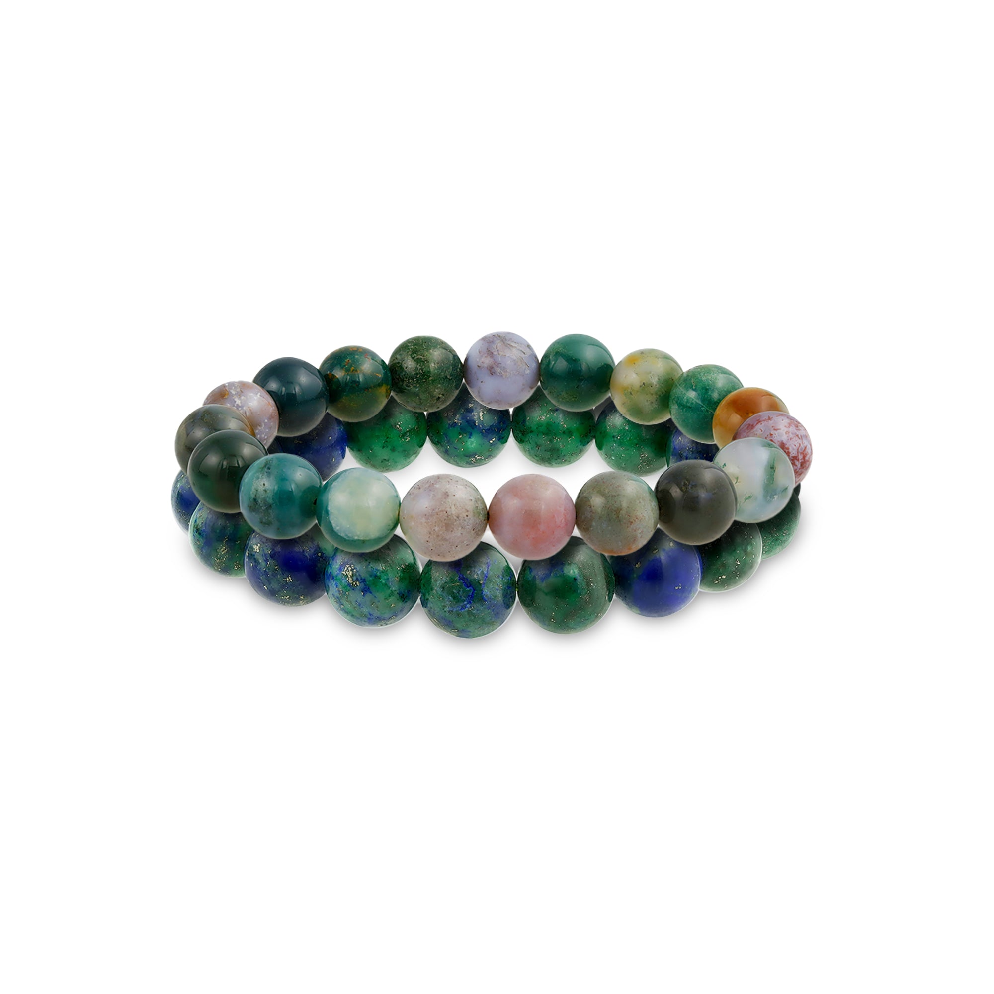 green-blue-azurite-bead-bracelet_cb-br9249-set-az Set of 2 Natural Bead Blue Azurite Multi Color Jasper 12MM Stretch Bracelet - Image 1
