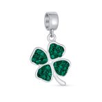 Good Luck Leaf Green Crystal Shamrock Clover Dangle Bead Charm Sterling Silver