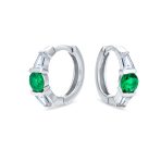 Classic Dainty Green White CZ Hoop Earrings Baguette Solitaire Sterling Silver