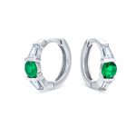Classic Dainty Green White CZ Hoop Earrings Baguette Solitaire Sterling Silver